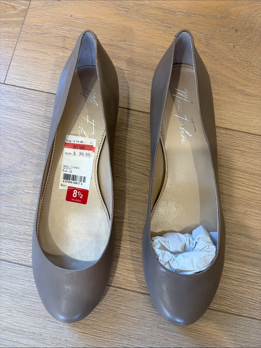 Marc Fisher Taupe Round-Toe Leather Flats